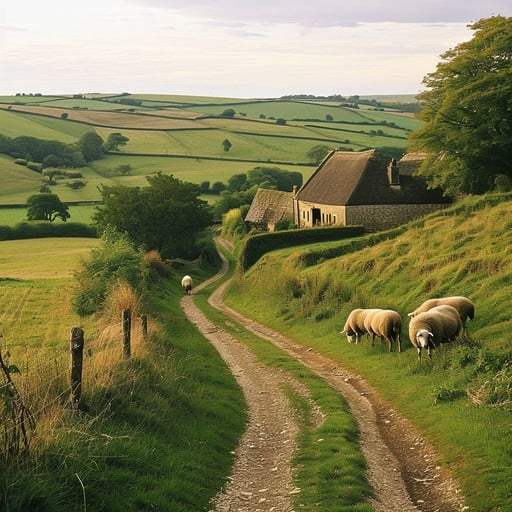 A landscape of green hills with a house and two sheep to the side