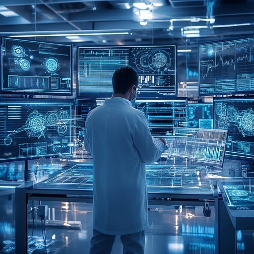 A futeristic lab setting with holograms surrounding a person who is working at a table