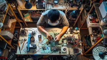 A person with goggles on working on a gadget sitting at a table surrounded by wires and tools