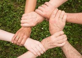 A group of six arms forming a circle by grabbing each other