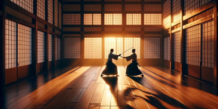 Two people fighting with bow staffs in an old dojo